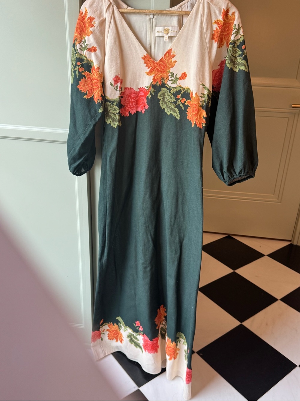 Anna Sui Green Floral V-Neck Midi Dress